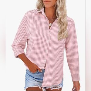 NWT Pink Gingham Cotton Button-Up Shirt M Medium
